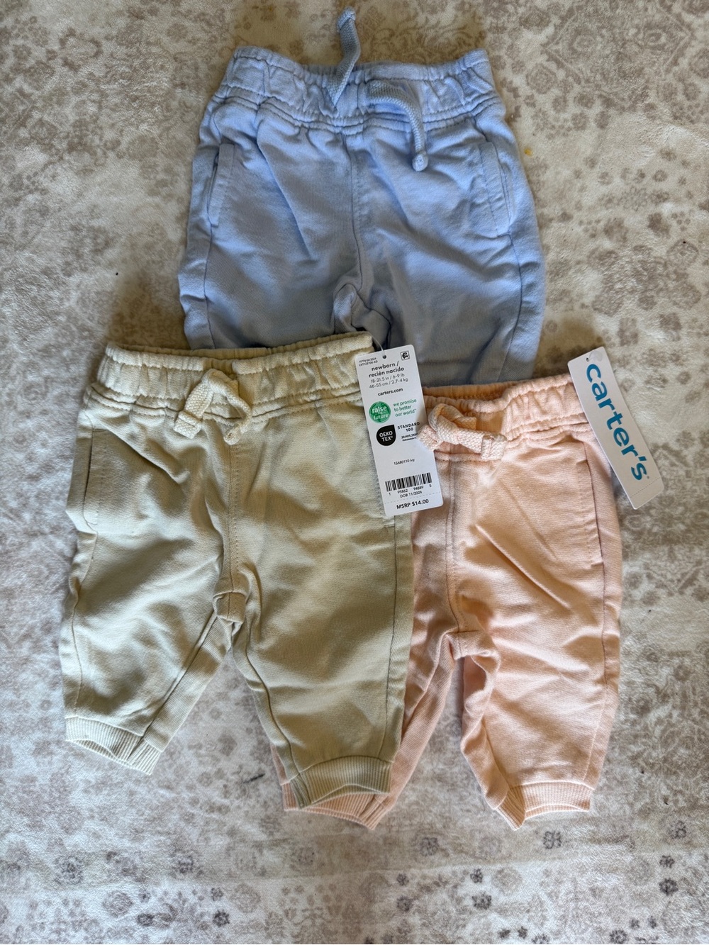 NWT BUNDLE Carters 3 Baby Jogger Pants Trio - Blue, Cream, Pink